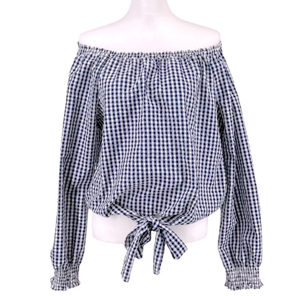 Sanctuary Claire Seersucker Tie Front Off The Shoulder Top Blue & White Large - Picture 2 of 11
